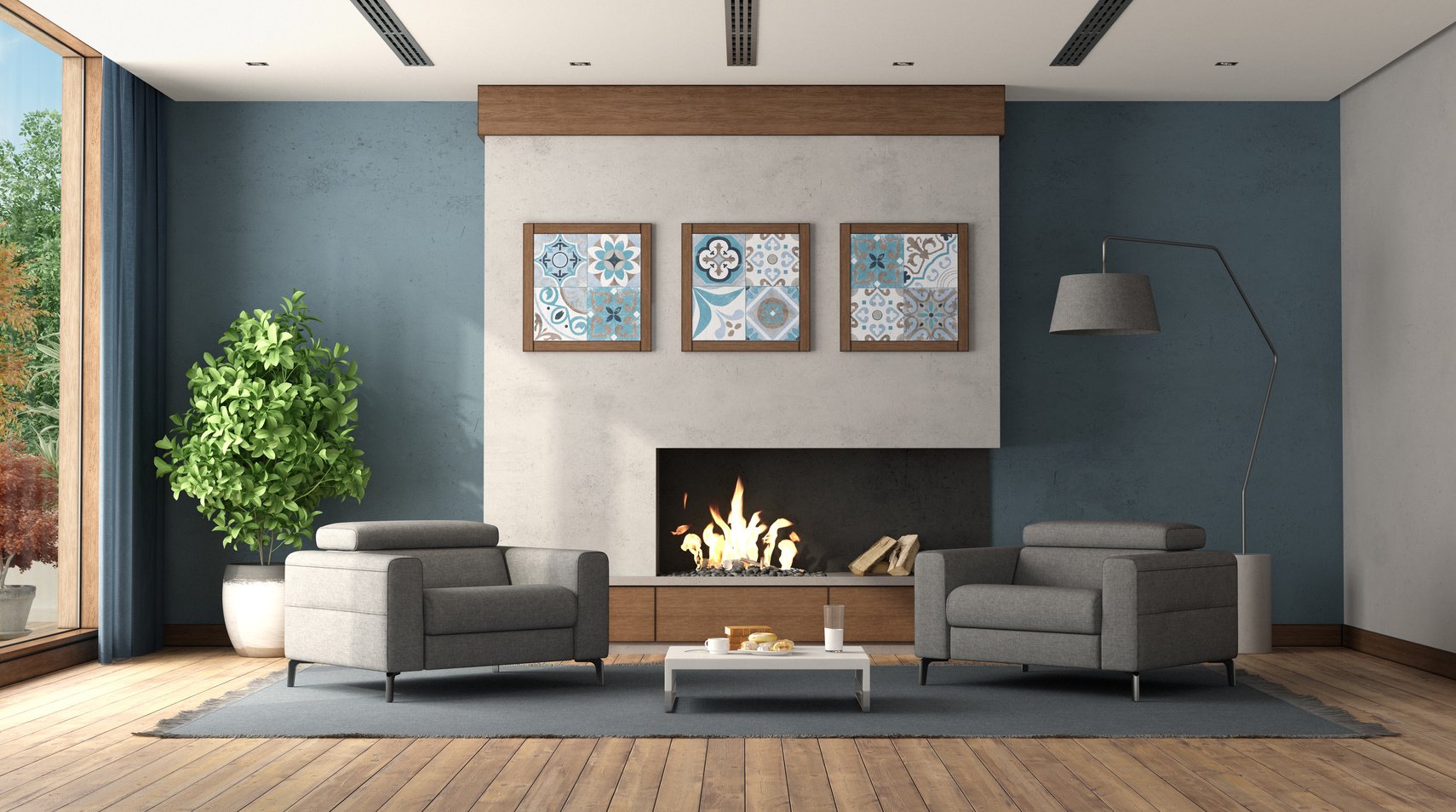 Modern living room with fireplace